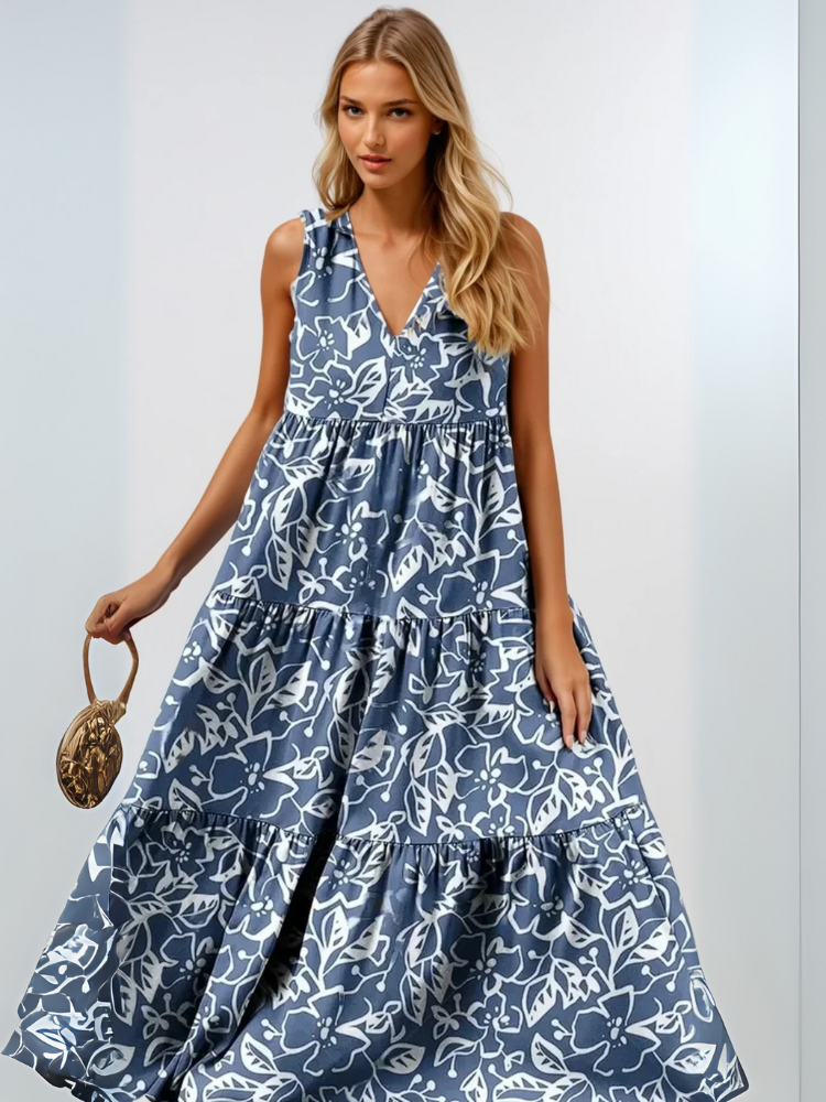 Buntes geblümtes Damenkleid mit V-Ausschnitt und Stufenoptik für den Sommer