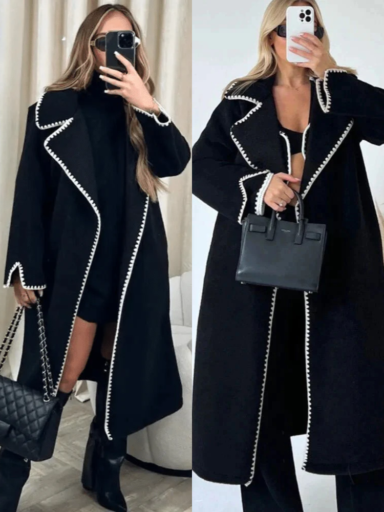 Damen Eleganter Schwarzer Mantel mit zeitlosem Design und stilvoller Silhouette.