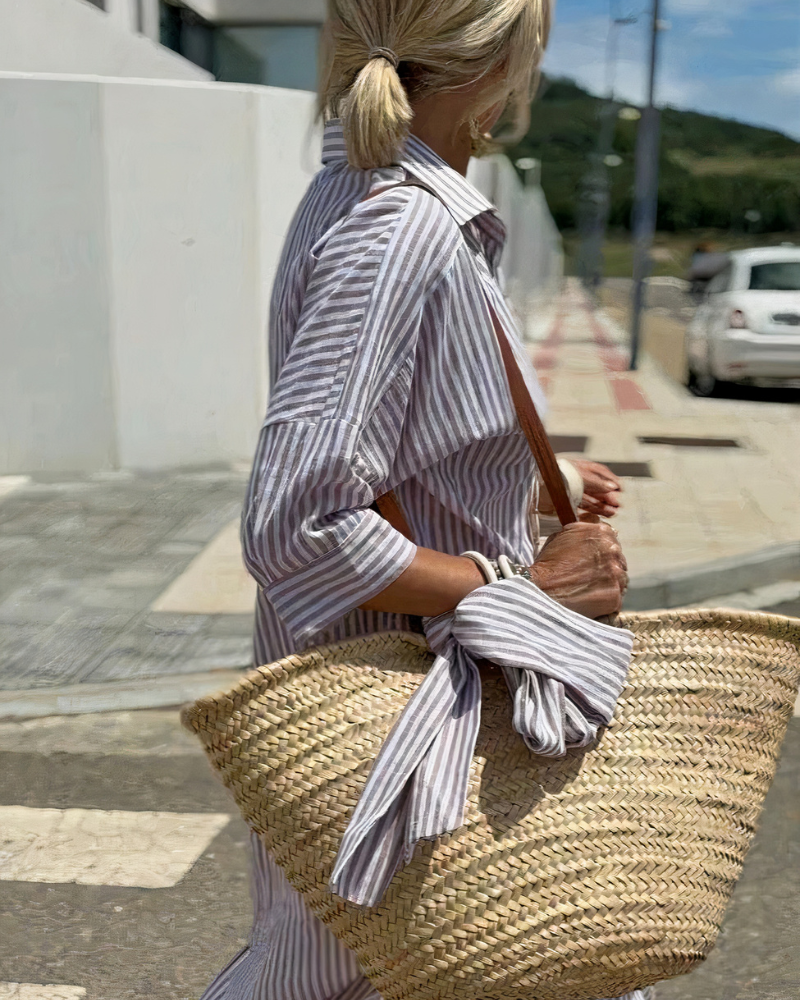 Damen elegantes gestreiftes Hemdkleid mit Knopfleiste und klassischem Design