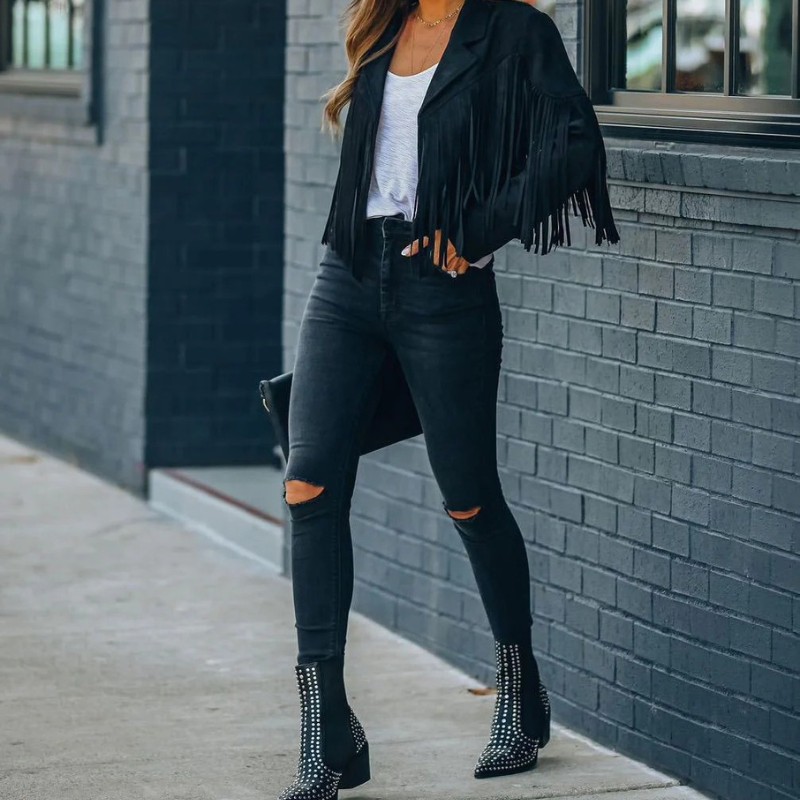 Damen Herbstjacke mit Fransen im modernen Stil