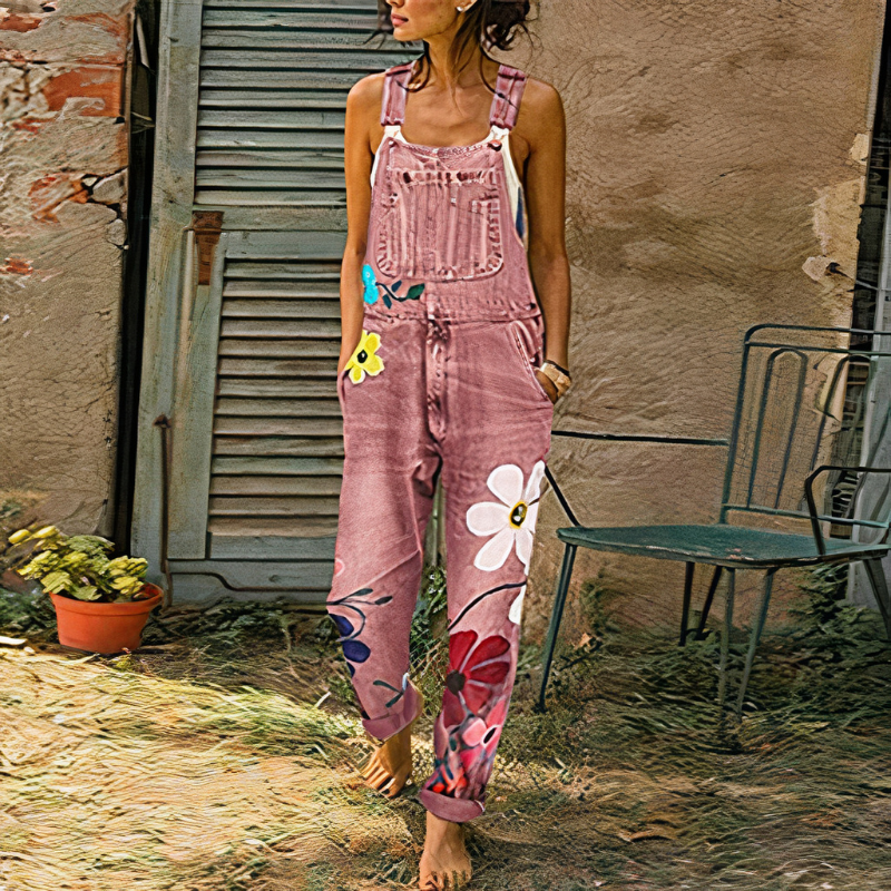 Damen-Jumpsuit aus geblümtem Denim mit lockerem Schnitt und floralem Muster