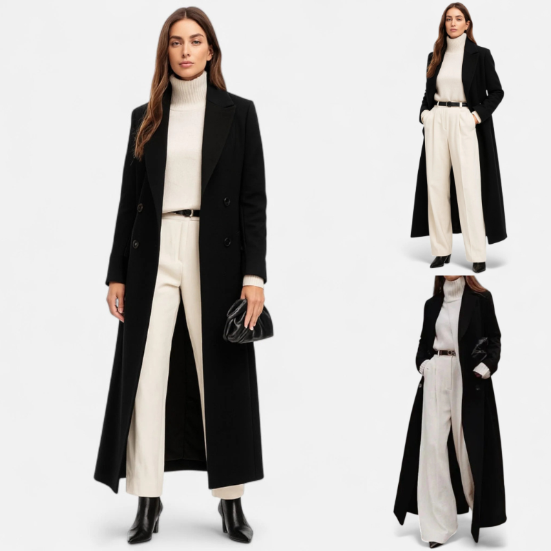 Damen langer eleganter Wintermantel, stilvoller Mantel für kalte Tage und festliche Anlässe