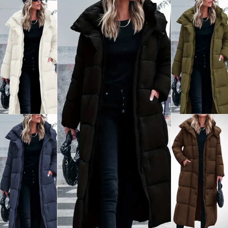 Damen langer gesteppter Wintermantel mit elegantem Design für warme und stilvolle Wintertage