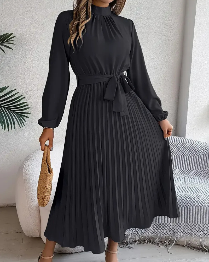 Damen plissiertes Kleid mit langen Ärmeln für Alltag und besondere Anlässe.