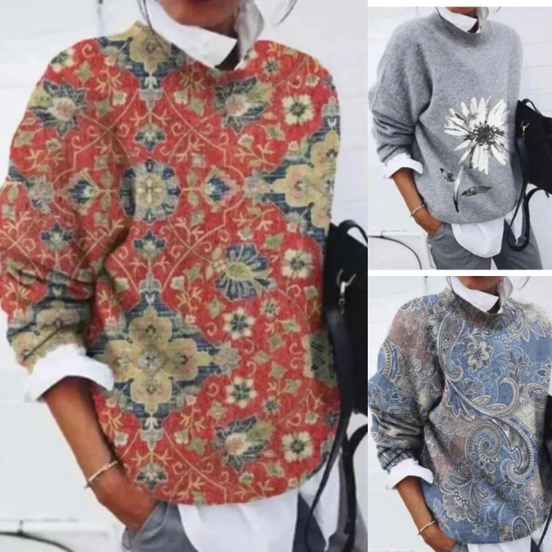 Damen Vintage Blumen-Pullover mit elegantem Blumenmuster und zeitlosem Stil für einen femininen Look.