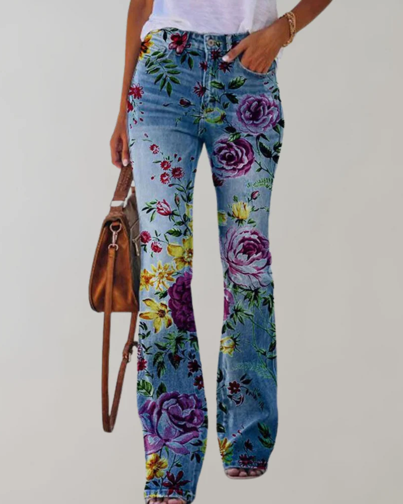 Damen Vintage Schlag-Jeans mit Blumenmuster und Retro-Flair für kreative Looks