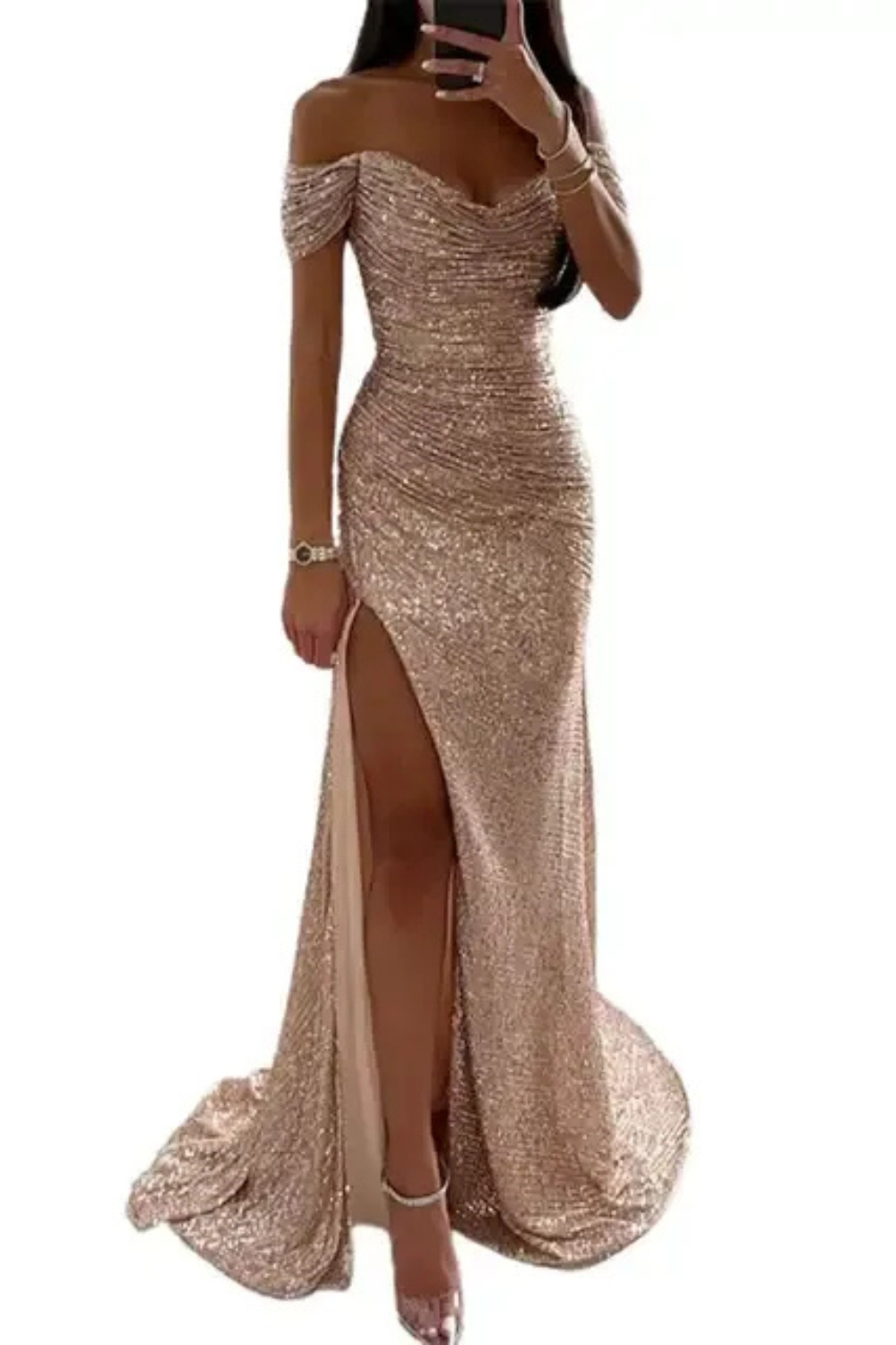 Elegantes Glitzer-Abendkleid für Damen mit funkelndem Design, ideal für festliche Anlässe und glamouröse Auftritte.