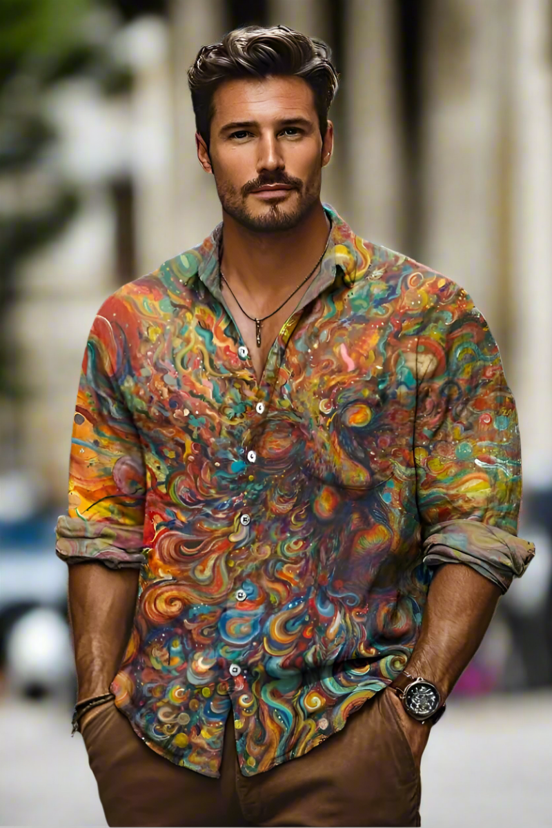 Herren Button-Down-Hemd mit lebendigen Farben, getragen im urbanen Stil