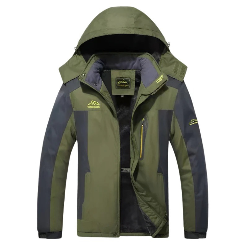 Herren-Outdoor-Winterjacke mit Kapuze in wasserdichtem Design für kalte Tage.