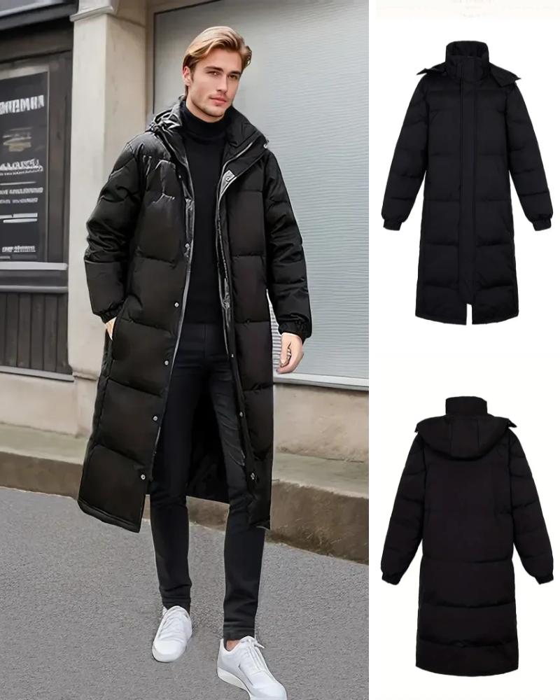 Herren schwarze wattierte Winterjacke, warm und stilvoll für kalte Wintertage