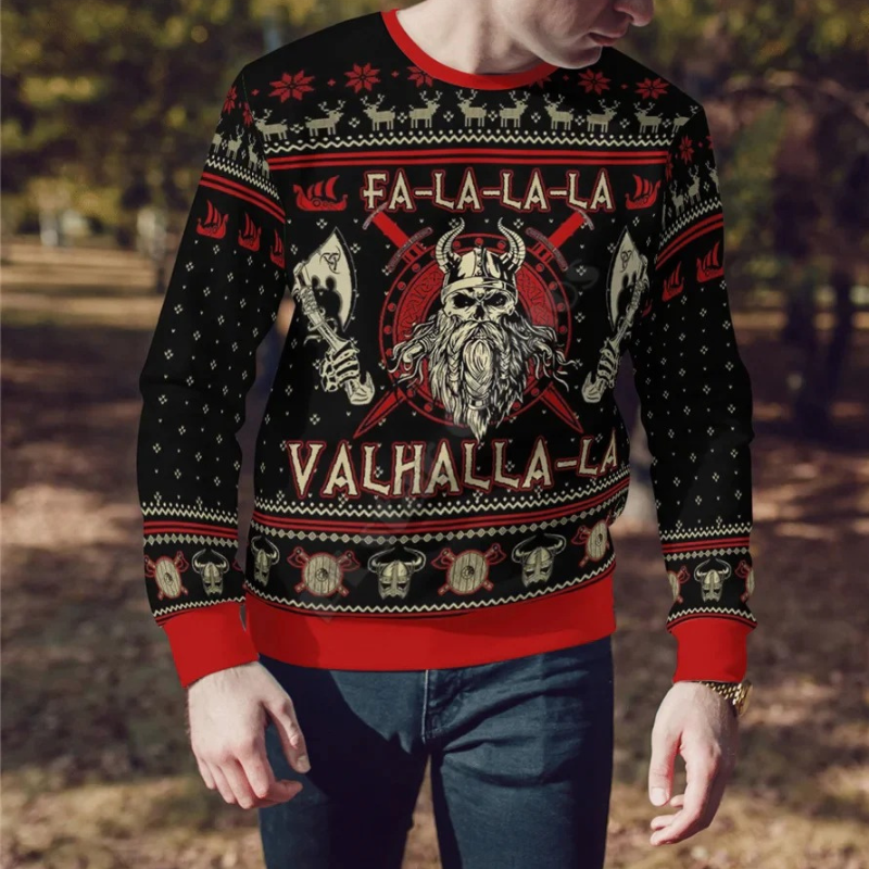 Herren warmer Wikinger-Pullover mit markantem Muster, ideal für stilvolle und gemütliche Looks an kühlen Tagen.