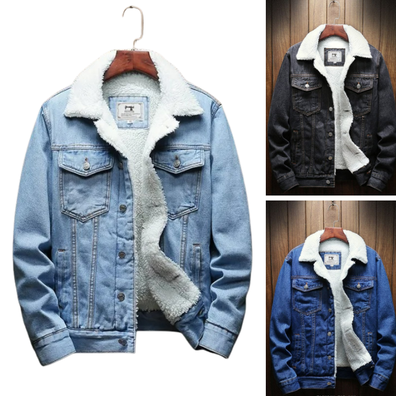 Kuschelige Winter-Jeansjacke für Herren in modernem Design, ideal für kalte Tage.