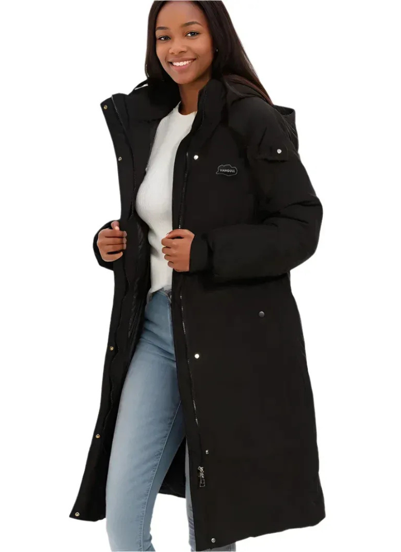 Lange schwarze Daunenjacke für Damen mit elegantem Design und praktischem Schnitt