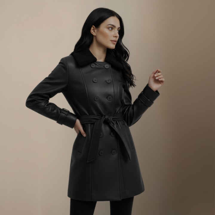 Eleganter Langer Damenmantel mit Strukturkragen | Clavena