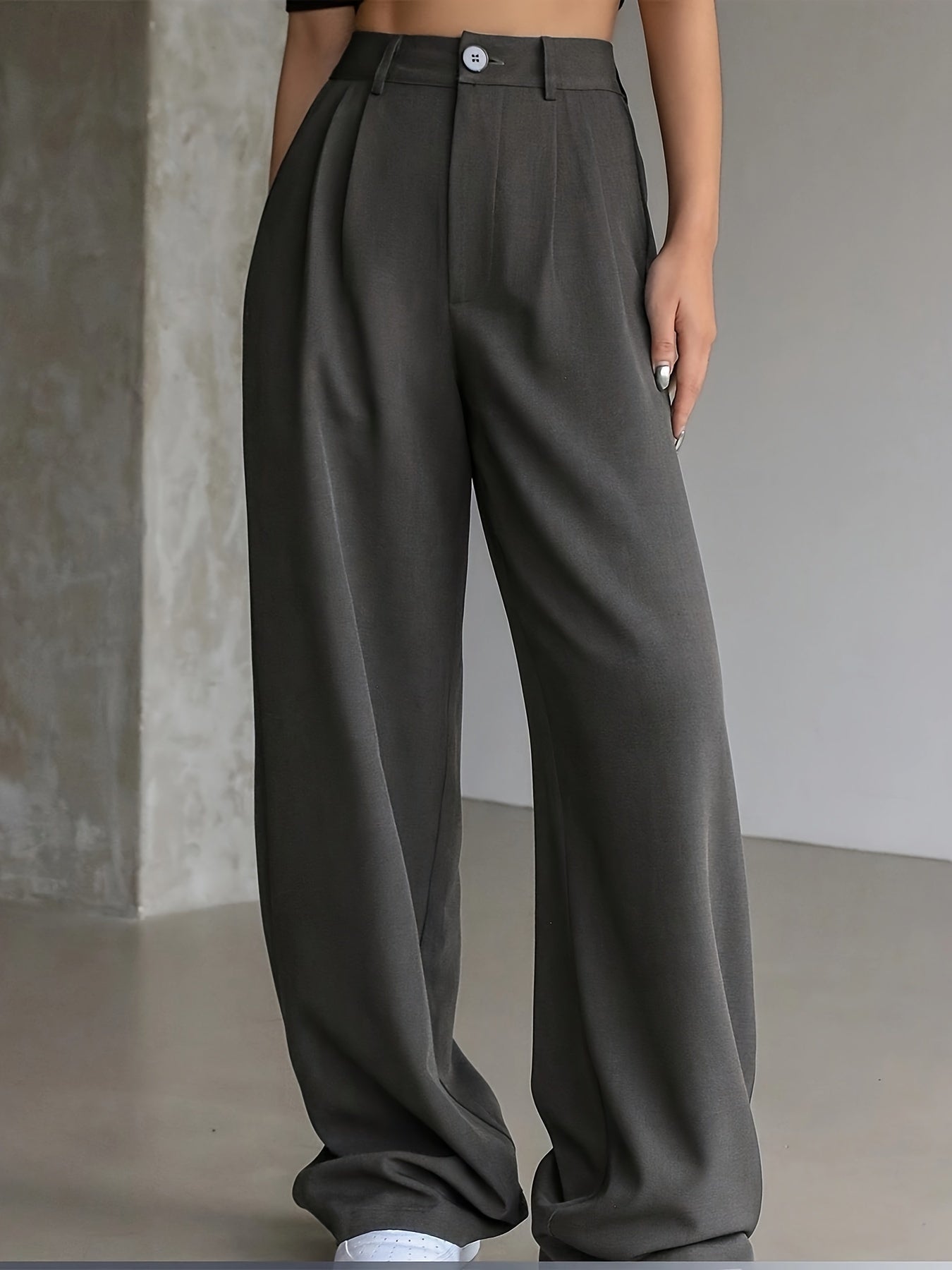 Weite Hosen in Einfarbig, Elegante High-Waist mit Knopfverschluss und Lockerem Schnitt