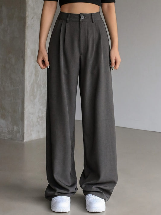 Weite Hosen in Einfarbig, Elegante High-Waist mit Knopfverschluss und Lockerem Schnitt