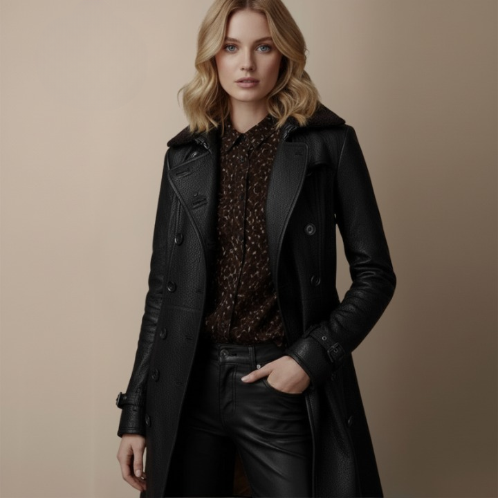 Eleganter Langer Damenmantel mit Strukturkragen | Clavena