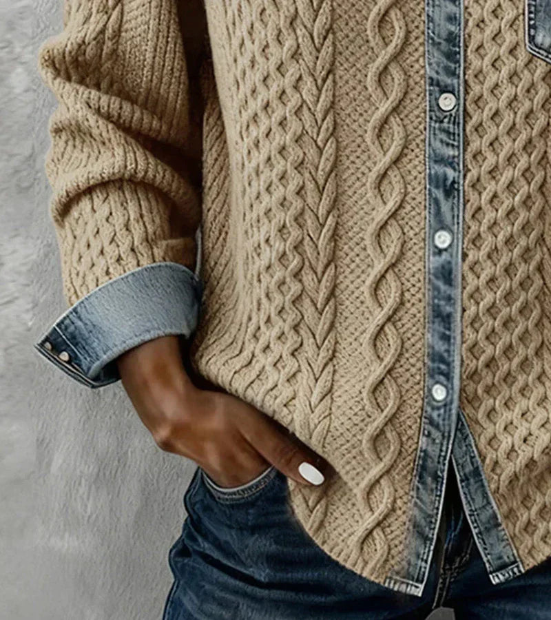 Stricktop mit Zopfmuster und Hemdkragen für Damen | Liréa