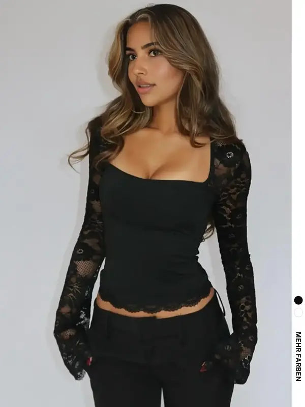 Langarm-Top mit floralen Einsätzen und Rüschen für Damen | Elin