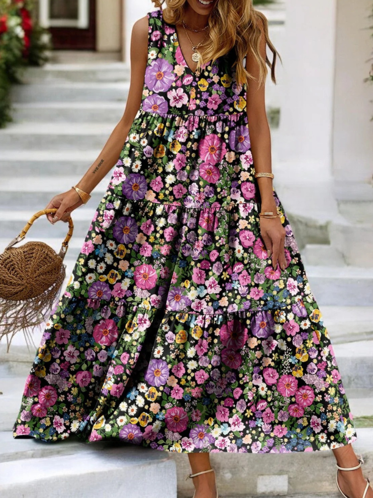 Buntes geblümtes Damenkleid mit V-Ausschnitt und Stufenoptik für den Sommer