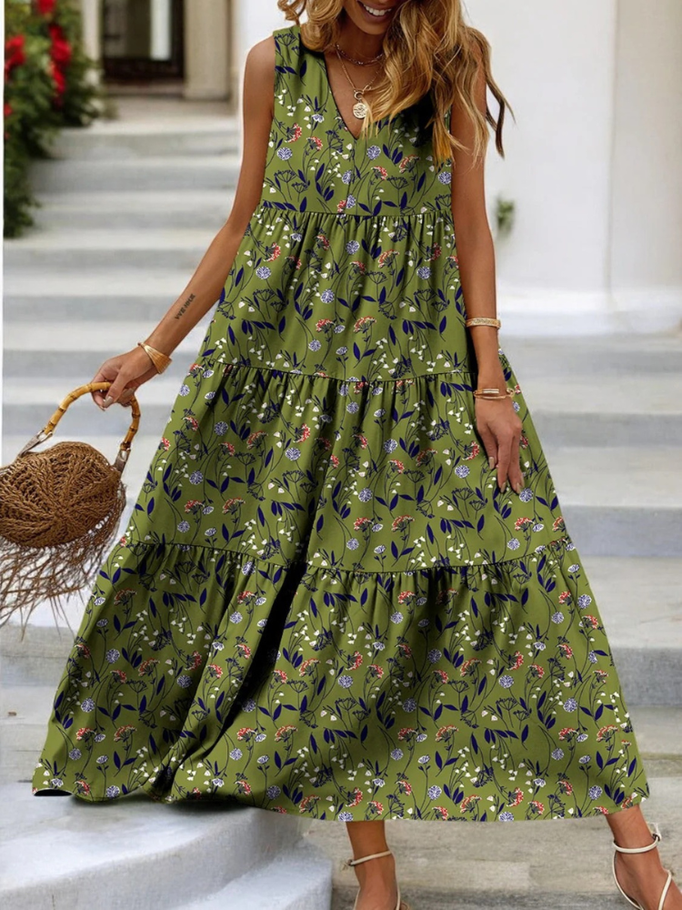 Buntes geblümtes Damenkleid mit V-Ausschnitt und Stufenoptik für den Sommer