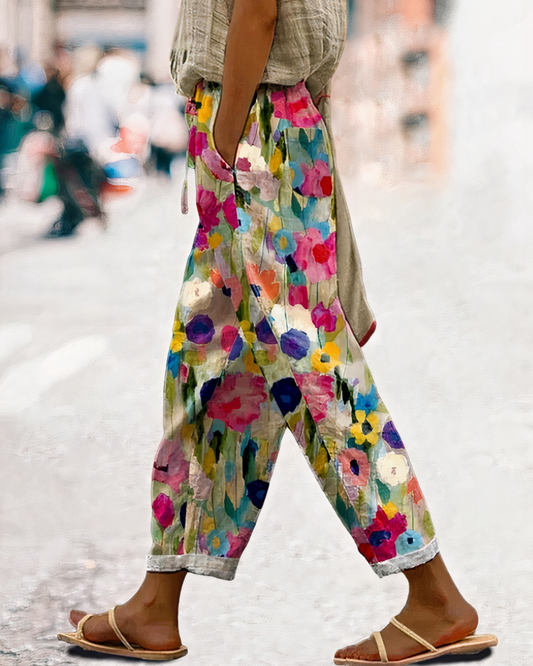 Damen bequeme Hose mit Blumenmuster für Alltag und Freizeit