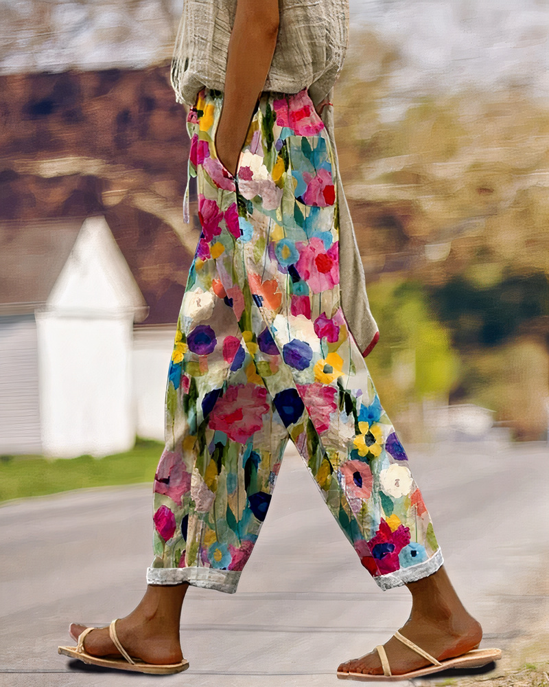 Damen bequeme Hose mit Blumenmuster für Alltag und Freizeit