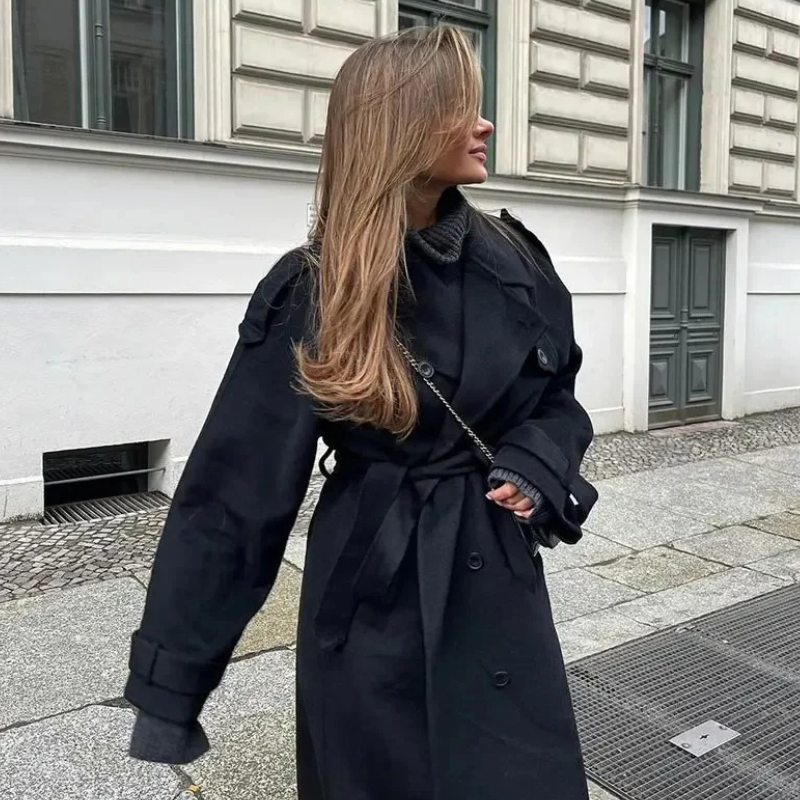 Damen eleganter schwarzer Vintage-Mantel im zeitlosen Design für stilvolle Auftritte