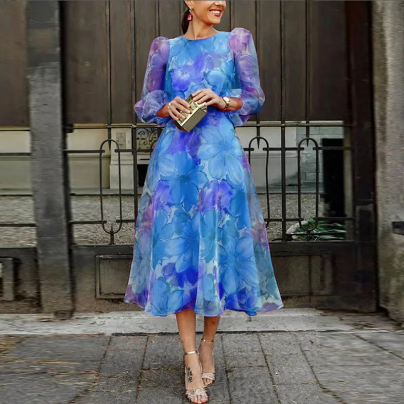 Damen elegantes geblümtes Partykleid mit langen Ärmeln | Midi