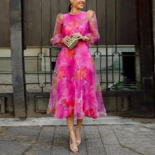 Damen elegantes geblümtes Partykleid mit langen Ärmeln | Midi