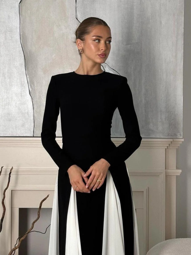 Damen elegantes langärmliges Vintage-Kleid in Maxi-Länge, ideal für festliche oder alltägliche Anlässe.