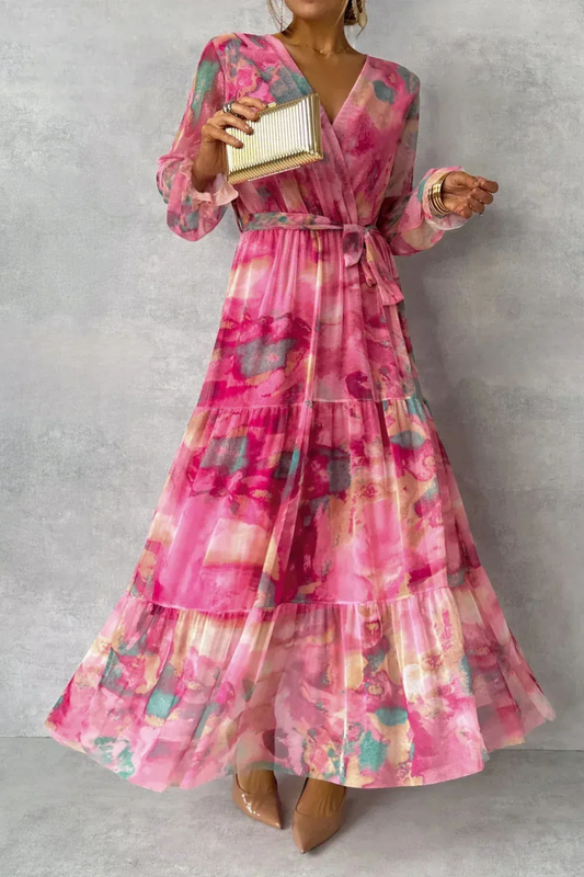 Damen elegantes pinkes Langarm-Wickelkleid Maxi für feminine und stilvolle Auftritte









