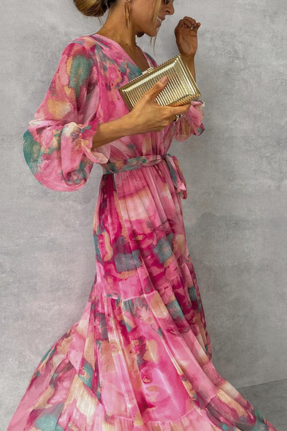 Damen elegantes pinkes Langarm-Wickelkleid Maxi für feminine und stilvolle Auftritte
