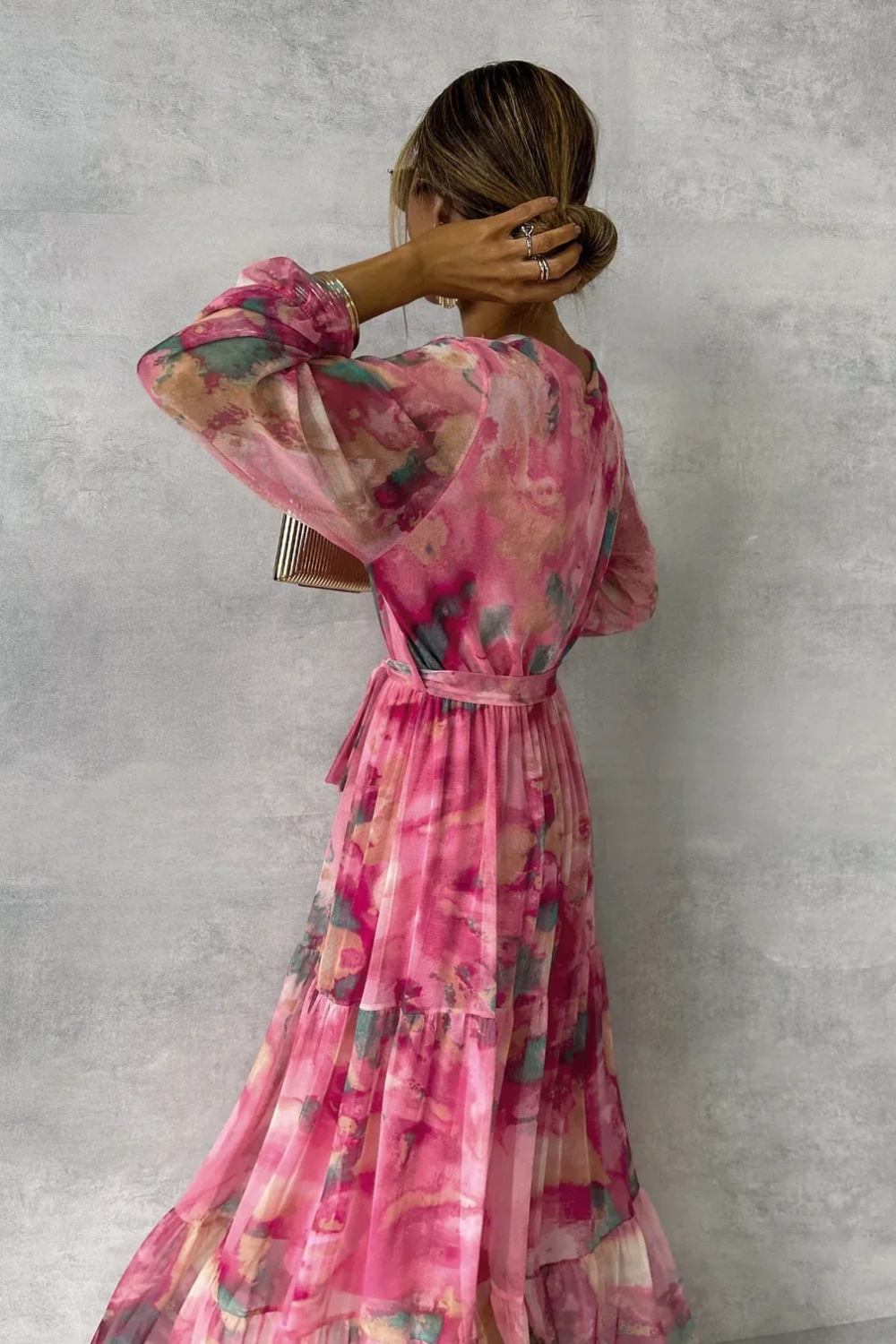 Damen elegantes pinkes Langarm-Wickelkleid Maxi für feminine und stilvolle Auftritte
