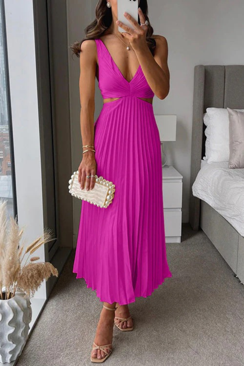 Damen elegantes plissiertes Partykleid Maxi für festliche Anlässe