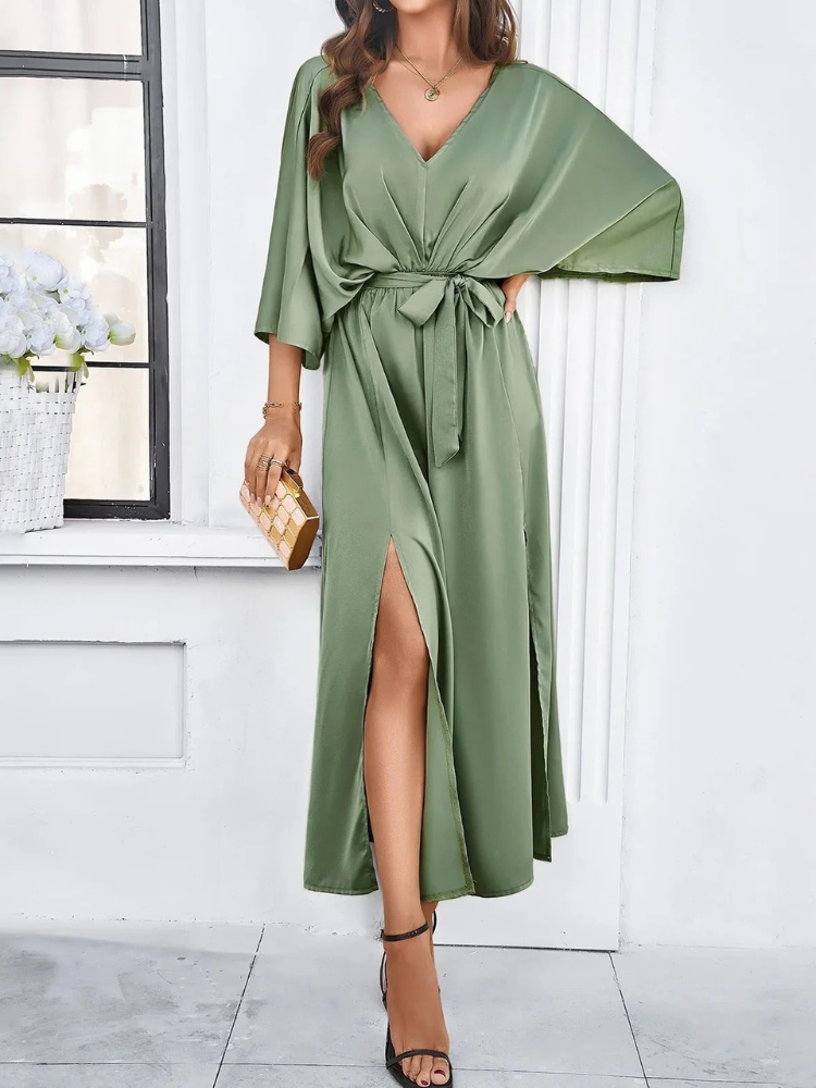  Damen elegantes Sommerkleid mit V-Ausschnitt und figurbetontem Schnitt, ideal für stilvolle Sommerlooks und verschiedene Anlässe.

