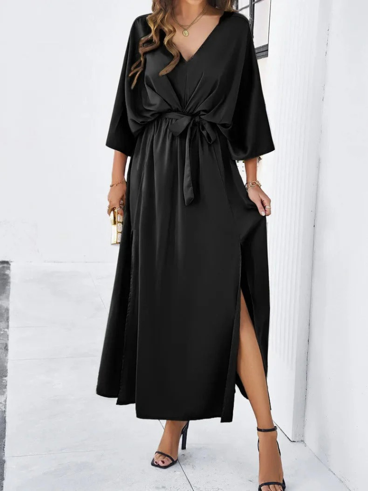  Damen elegantes Sommerkleid mit V-Ausschnitt und figurbetontem Schnitt, ideal für stilvolle Sommerlooks und verschiedene Anlässe.

