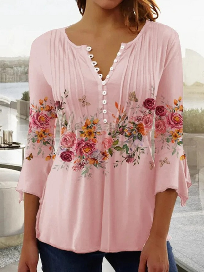 Damen geblümte Langarmbluse mit floralem Muster für vielseitige Outfits