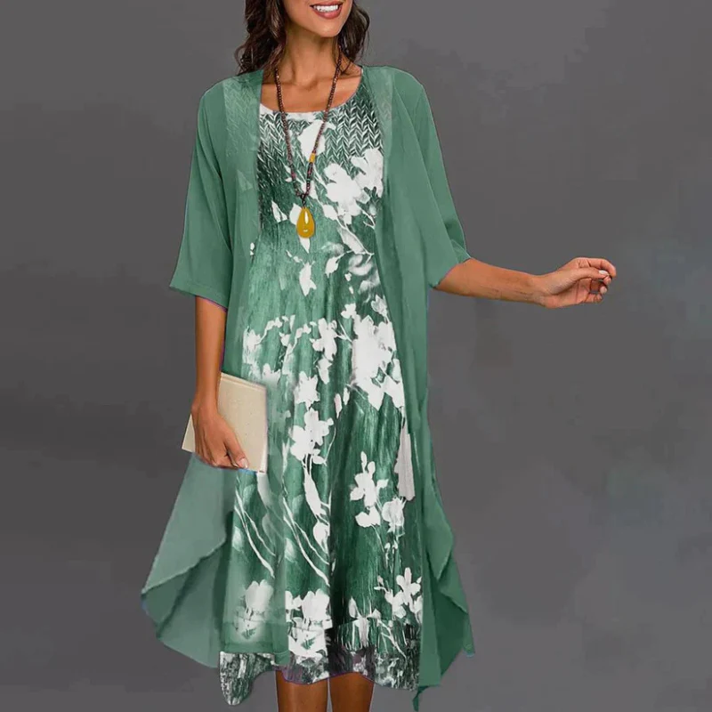  Damen geblümtes Sommerkleid in Midi-Länge mit Strickjacke für stilvolle Sommer-Outfits