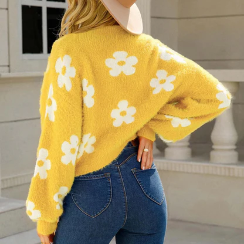 Damen gemütlicher Blumen-Strickjacke mit floralem Muster