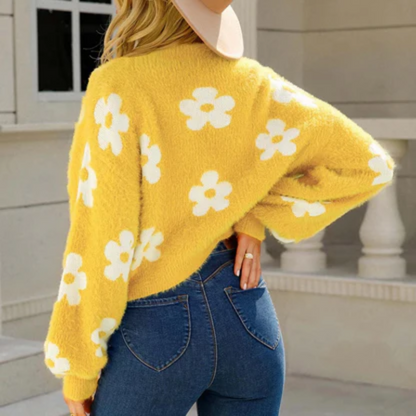 Damen gemütlicher Blumen-Strickjacke mit floralem Muster