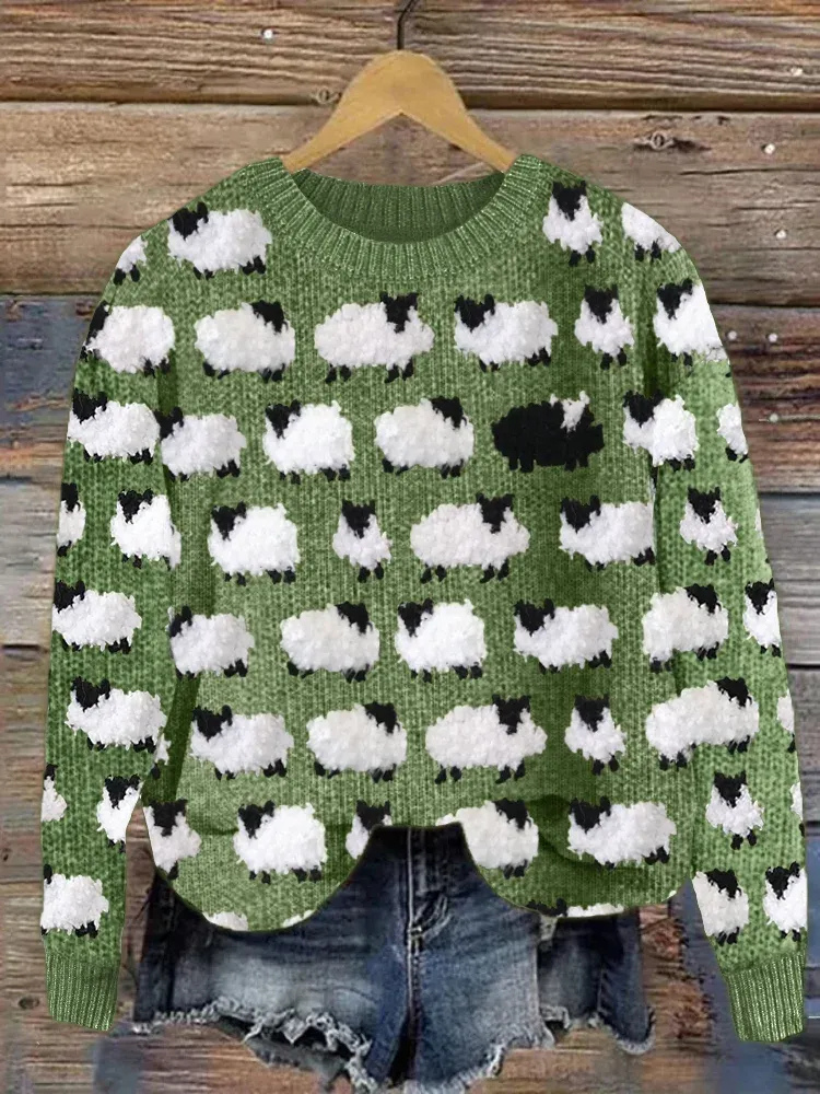  Damen gemütlicher gestrickter Vintage-Pullover mit Schafmotiv für kühle Tage