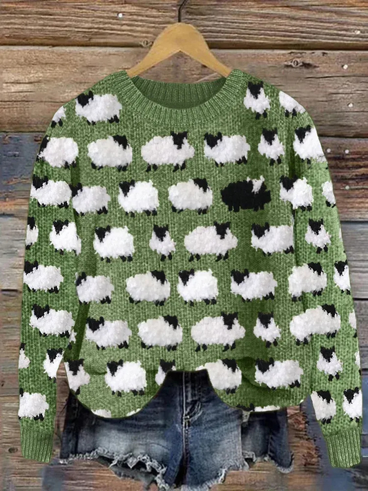  Damen gemütlicher gestrickter Vintage-Pullover mit Schafmotiv für kühle Tage