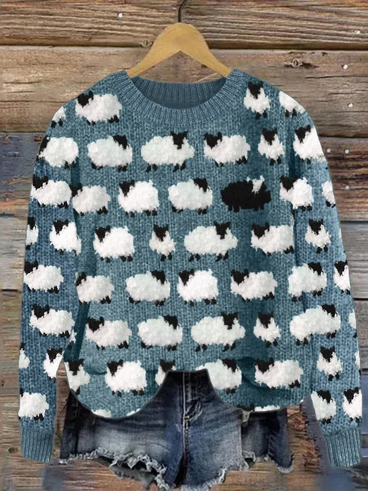  Damen gemütlicher gestrickter Vintage-Pullover mit Schafmotiv für kühle Tage
