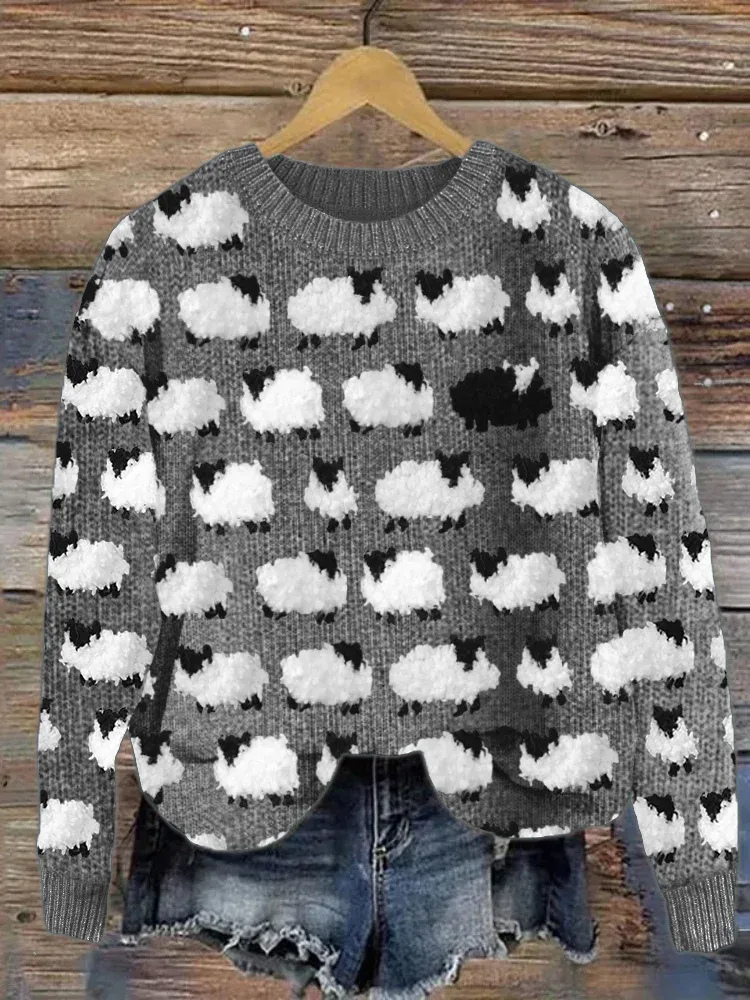  Damen gemütlicher gestrickter Vintage-Pullover mit Schafmotiv für kühle Tage