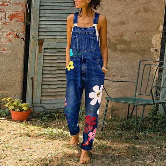 Damen-Jumpsuit aus geblümtem Denim mit lockerem Schnitt und floralem Muster