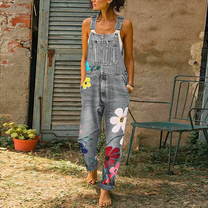 Damen-Jumpsuit aus geblümtem Denim mit lockerem Schnitt und floralem Muster