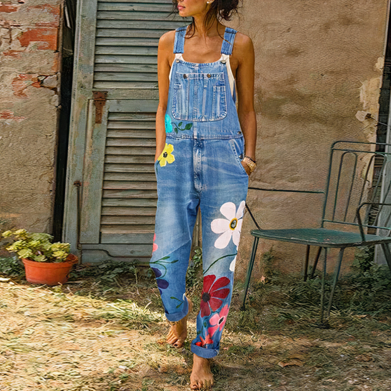 Damen-Jumpsuit aus geblümtem Denim mit lockerem Schnitt und floralem Muster