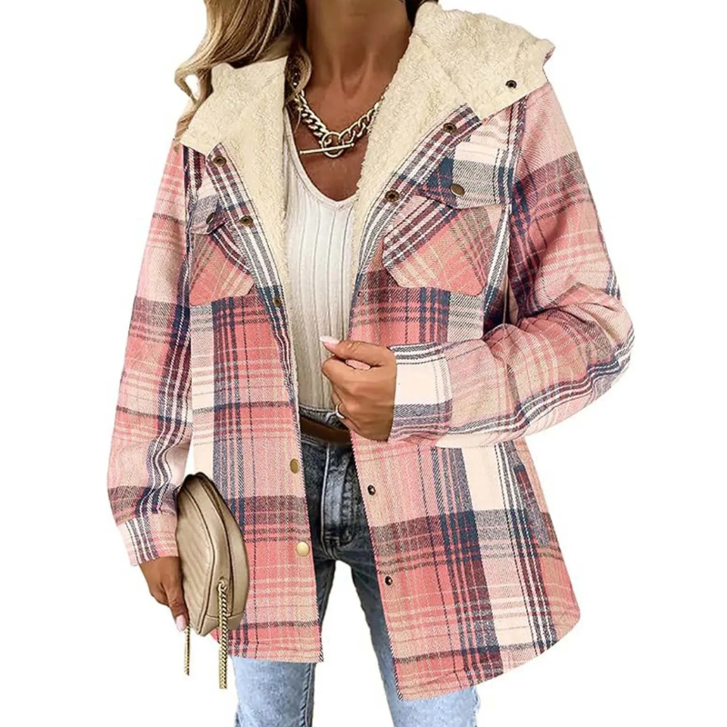 Damen karierte Kapuzenjacke, stilvolle und bequeme Jacke mit klassischem Karomuster und moderner Passform