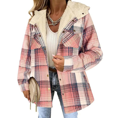 Damen karierte Kapuzenjacke, stilvolle und bequeme Jacke mit klassischem Karomuster und moderner Passform